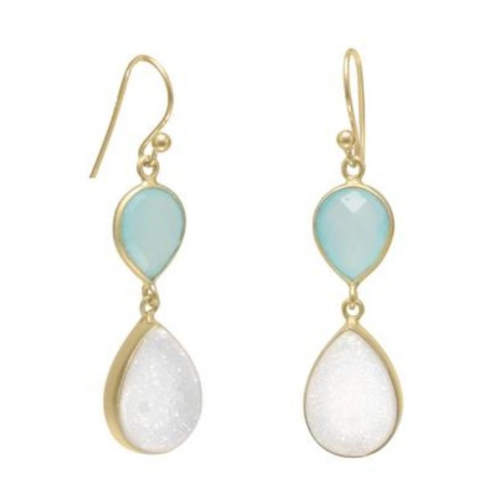 14K Gold Plated Earrings w/Chalcedony & Druzy
